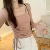 Girls' Solid Color Square Collar Long-Sleeved T-Shirt The New Autumn Style Is Slim, Slim And