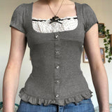 Zingj Two Vintage Wool Square Collar Short-Sleeved T-Shirt Top Women's 2024 Summer INS New Women's