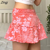 Women's Summer Ruffles A-Line Mini Skirt Y2K Style High Waist Floral Print Frill Trim Above Knee Short Skirt