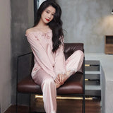 Women Pajamas Sets Sexy Lace Turn-Down Collar Pyjamas Sleep Suit Spring Summer Rayon Nightwear Casual Sleepwear Home