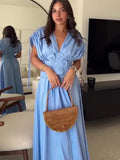 Elegant 3d Flower Pleated V Neck Long Dresses Women 2024 New Off Shoulder Sleeveless Maxi Dress Ladies Vacation