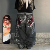 Trend Of Spring And Autumn Street Dark Gotham Haircut Printed Jeans Loose Personality Wide-Legged