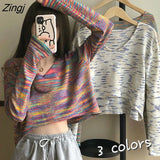 Women Patchwork V-neck Pullovers Ladies Knitting Cropped New Casual Colorful Popular Sexy College Long Sleeve