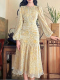 Floral Print Midi Dresses for Women 2023 New Summer Long Sleeve Folds Party Prom Female Clothes Beach Bodycon Dress