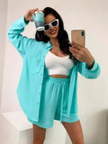 Women's Solid Color Single Row Buckle Long-Sleeved Shirt Loose Fashion Casual Shorts