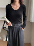 Threaded U-Collar Long-Sleeved Bottomed Shirt In Early Autumn New Plain Color Simple And Slim