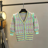 Beading Argyle Plaid Knitted Cardigan Top Women Summer Short Sleeve V-Neck Single Breasted Ruffles Sweater Elegant