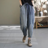 Spring New Arts Style Women Elastic Waist Patchwork Stripe Cotton Denim Harem Pants All-matched Casual Loose Jeans