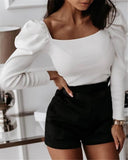 Women Knitted Puff Long Sleeve Shirt Fashion Casual Slim Fit Blouse Solid Puff Sleeve Bodycon Tops Pullover Bodysuit
