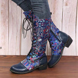 Zingj New Independent Station National Style Totem Women's Fashion Boots Square Heel Printed Large Size Martin Boots Middle Tube Knight