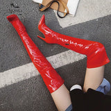 Sexy Mirror Leather Thigh High Boots Women High Heels Over The Knee Boots For Women Point Toe White Red Fetish Party Long