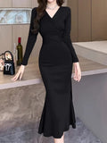 Elegant Chic Black Lace-up Midi Dresses for Women 2023 Autumn New Vintage Sexy Fashion Casual Prom Party Female