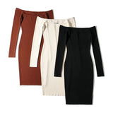 Sexy knitted off shoulder Cut Out Bodycon Solid Slim Dress Knee Length Long Sleeve Backless Casual Pencil