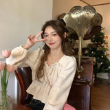 T-shirts Women Puff Long Sleeve Pleated Retro Design Fashion Chic Gentle Autumn Ulzzang Simple Square Collar