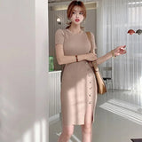 Han Queen Autumn Vintage Elastic Knitted Dresses Elegant Office Work Vestidos Sheath Bodycon Split Party Women Pencil