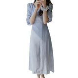 Zingj Chic Summer Elegant Temperament V Collar Texture With Lantern Sleeve Blue Chiffon Dress Long Skirt