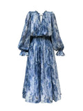 Style Elegant Print Dress for Women 2023 Summer Fashion Chic Long Sleeve Lace-up Female Dress Temperament Midi