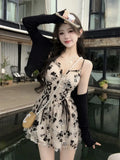 Long Sleeve Knit Cardigan Crop Coat Two-piece Dress Ladies Drawstring Floral V-neck French Suspender Robe Suit
