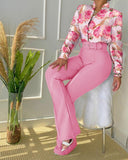 Trend Casual Leaf Print Buttoned Shirt &amp; High Waist Pants Sst Two Pieces Set Women Tracksuit Office