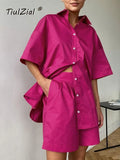 Summer Casual Short Set Pocket Tracksuit Loungewear Co-ord Women Outfits Long Oversized Shirt And High Waist