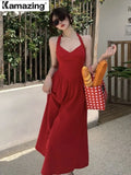 Summer Women Elegant Casual Halter Midi Dresses French Style Lady Female Fashion Outwear Robe Vestidos