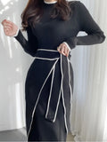 Stand Collar Contrast Bandage Long Sleeve Women Knitted Dress Autumn Korean Fashion Casual Knit Bodycondresses