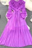 Vintage Women Pleated Party Long Dress Elegant Round Neck Lantern Sleeve High Waist Ruffle Draped Maxi Vestidos