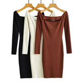 Sexy knitted off shoulder Cut Out Bodycon Solid Slim Dress Knee Length Long Sleeve Backless Casual Pencil