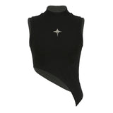 Zingj Street Metal Five-Pointed Star High Collar Irregular Oblique Edge Crop Sleeveless Pure Black Vest Base Show Thin Top