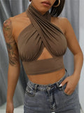 Summer Tank Tops Sexy Solid Color Cross Halter Neck Push Up Hollow Crop Tops 2022 New
