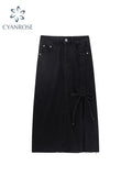 Long Denim Skirt Vintage Fashion High Waist Skirt Gothic Y2K Streetwear Korean Female Split Bandage A-line Jeans