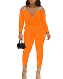 Autumn And Winter Women's Wear New Shoulder Spliced Long-Sleeved Printed Trousers Two