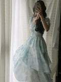 Chiffon Print Midi Dress for Women 2023 New Summer Elegent Party Blue Floral Vestidos Holiday Vintage Female