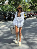 Women's Spring Hollow Out Skirt Suit Chic Long Sleeve Single Breasted Shirts Tiered Mini Skirts Set Female Summer New