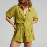 Tracksuits Short Sleeve Shirt With Mini Shorts Cotton And Linen Two Pieces Sets Ladies Outfits Blouses Fashion
