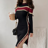 Zingj New Half-High Collar Design Bare Shoulder Slim Knitted Dress Stripe Color High Waist Slit Hip