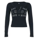 Number Letter Print Breasted Slim Long Sleeve Tee-Outfit