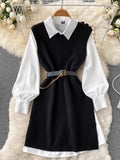 Style Fragrant Style Suit Design Feeling Minority White Shirt Skirt Knitted Vest Skirt Folded And Waist Two-Piece