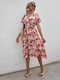 Printed Casual Beach Midi Dresses Women Summer V-neck Short Sleeve Empire Waist A-Line Dress Sundress Vestido Robes