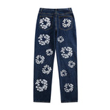 Autumn New High Street Flower Printed Jeans For Men And Women With High Waist And Thin Casual