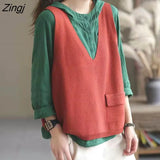 Vest Women V-neck Solid Pockets Loose All-match Autumn Fashion Korean Casual Свитер Женский Retro Simple Knitwear