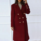 Women Solid Long Sleeve Woolen Cardigan Tops Fall Winter Lady Lapel V-neck Straight Long Coat Outwear Fashion Button-up