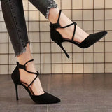 Pointed High-Heeled Women 2025 Spring New Temperament Cross-Lace Single Shoe Velvet Fine Heel Women's