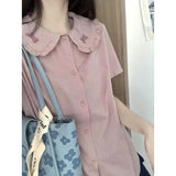Japanese Harajuku Fashion Bow Tie White Doll Neck Short Sleeved Shirt Blouses Summer 2024 Woman Elegant Chic Kawaii