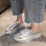 Baotou Semi-Slippers For Women's Spring And Summer New Flat-Bottomed Water Drill Thick-Soled Lazy Casual