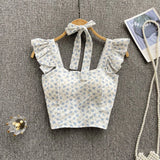Zingj Summer Floral Strap Tops Women Square Neck Bow Ruffles Short Camisole Fashion Korean Flower Ladies Elastic Waist Top 211-1-Outfit