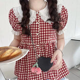 Aesthetic Lace Collar Checkered Puff Sleeve BlouseOutfit