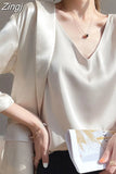 Women's Blouses New Summer Casual V Neck Basic Satin Blouse Top 2023 Loose White Office Green Silk Blouses for