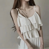Version Of Summer Sling Suit Vertical Collar Lace Pleated Blouse Tea Is A Complete Set Of Elastic Wide-Leg