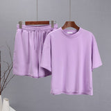 Summer Soft Cotton Sets Women Basic Casual Two Pieces T Shirts and Elastic Waist Shorts Pants Loose Solid